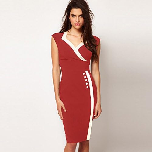 X skirt Large Size Dress Sleeveless Waist Stitching Polyester and Cotton One Step Skirt V Neck Dress Summer and Autumn,Red,M