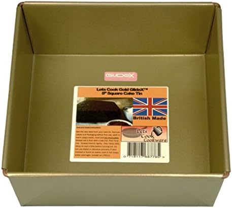 Lets Cook 8 Inch Square Cake Tin, Fixed Base, 20cm, British Made with Gold GlideX Non Stick TM