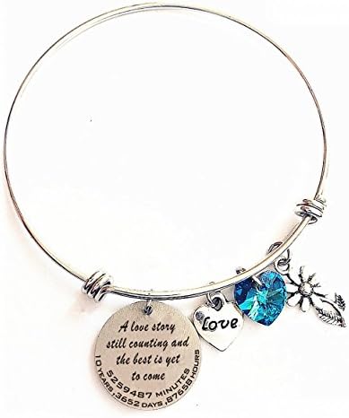 10 Year anniversary Bracelet Engraved with "a love story still counting and the best is yet to come" 10 Year Anniversary Adjustable Bangle Bracelet with Blue Love Crystal 10th Anniversary Gift for Her