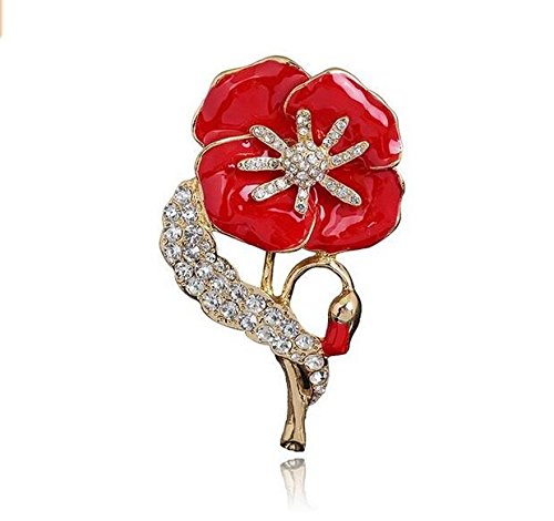 Poppy Flower Gold Red Diamante Shiny Rhinestones Symbolic Brooch Pin BR228-2