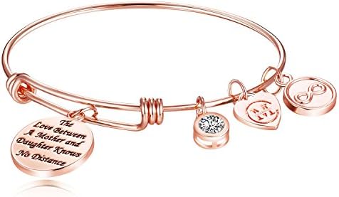 Expandable Charm Bangle Bracelet Engraved "The Love Between A Mother and Daughter Knows No Distance" Inspirational Jewelry Gifts for Womens, Girls, Graduates, Students, Daughters, Granddaughters