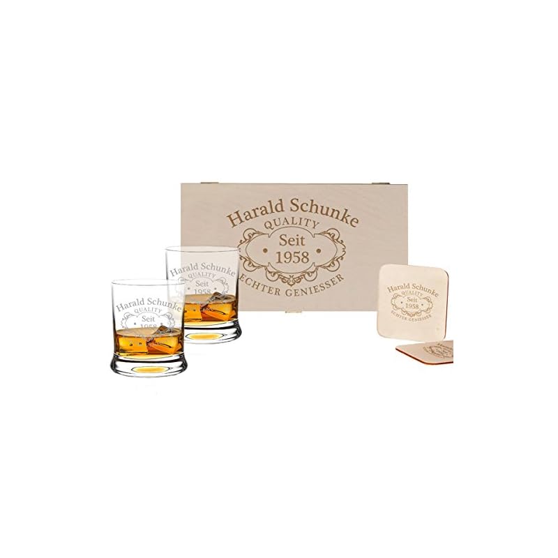 5 Tlg Whisky Geschenk Set 2 Leonardo Glser 2 Untersetzer In Holzbox Geschenkidee Fr Mnner Und Frauen Personalisiert Mit Gravur Quality Whisky
