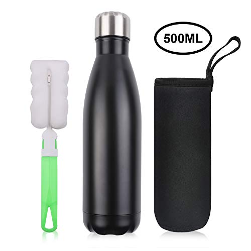 flintronic Portatile Borraccia in Acciaio Inox, Termica Bottiglia d'Acqua Sportive 500ml per Mantenere Caldo e Freddo, con Spazzola di Pulizia, Borracce per Scuola, Sport, All'aperto, Yoga, Palestra
