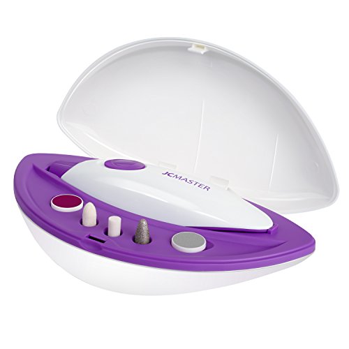 JCMASTER Maniküre/Pediküre/Hornhautentfernung 5 in 1 Set Batterie betrieben, mobiler Nagelfräser lila/weiß für privaten Gebrauch, Reisen und unterwegs