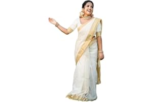 Yashika Women's Cotton Blend Sari with Raw Hemmed Blouse Material Especially for Pongal Onam Festival (AZ-YS-OG1-PONGAL, White, One Size, White, One Size