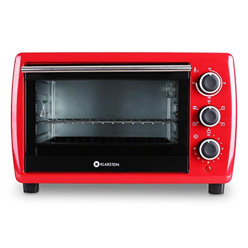 Klarstein Omnichef 20 | Mini Backofen / Mini Ofen / Pizzaofen / Tischbackofen / Hähnchengrill / Grillofen aus Edelstahlgehäuse |ideal für kleine Haushalte, Ferienwohnungen oder Gartenlauben | mit Umluft- und Drehspießfunktion | 1380 Watt Leistung | 21 Liter Garraum | inkl. Grillrost, Hähnchenspieß und Backblech | Farbe: Rot - 4