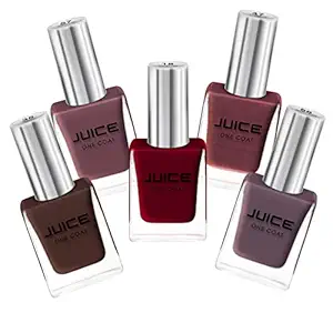 JUICE | ONE COAT | NAIL PAINT COMBO | CHERRY RED - 15, WOODLAND BROWN - 35, CARNATION PINK - 47, WALNUT WOOD - 56, EARTH TONE - 57 | LONG LASTING | 11ML EACH | PACK OF 5