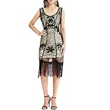 Yvelands Damen Vintage 1920er Jahre Perle Fransen Pailletten Spitze Party Flapper Cocktail Abendkleid(EU-36/M,Gold)