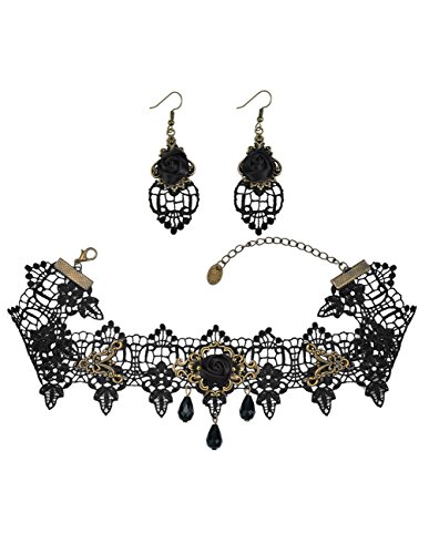 Mudder Schwarze Rose Spitze Gothic Lolita Halskette Chocker Kette Ohrring Set