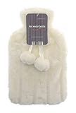 COSY LARGE HOT WATER BOTTLE WITH FAUX FUR COVER AND POM POMS, White