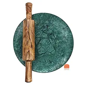 Purna Crafts Green Marble Roti Maker with Wooden Belan/Green Marble Chakla 10 Inch Diameter with Belan/Marble Rolling Board with Anti-Skid Bottom (Green Marble)