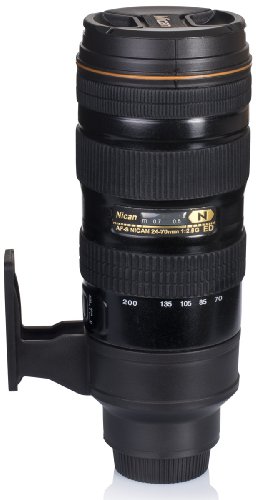 VENKON – Hochwertige Isolierflasche aus gebürstetem Edelstahl mit Druckknopfverschluß und abschraubbarem Trinkbecher im Kameraobjektiv / Foto Objektiv Design – Fassungsvermögen: 500ml, schwarz - 8