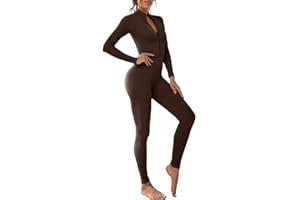Litthing Femme Combinaison de Sport, Sexy Moulante Vetement de Sport Manches Longues Body de Yoga Tirette Côtelé Tenue d'entraînement Bodycon Élastique Skinny Une Pièce