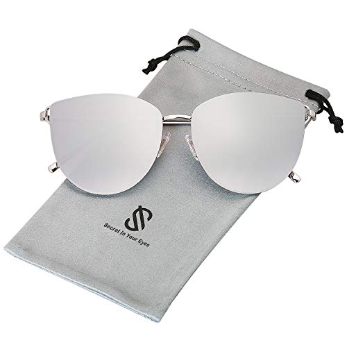 SOJOS Lunettes de Soleil il de Chat Miroités UV Protection SJ1085 avec Argenté Cadre/Argenté Lentille