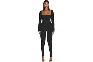 HANAOOPS Tuta Intera Donna Yoga con Collo Quadrato a Maniche Lunga Jumpsuit Sportiva Tutina Elastica Sexy One Piece Palestra Bodysuit per Fitness Yoga Clubwear