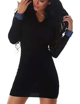 Damen Strickkleid Minikleid Pulli Pullover Sweater Feinstrick V-Ausschnitt Bluse Kragen elegant mini kurz langarn...