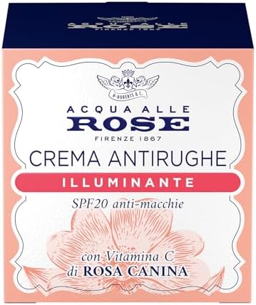 Acqua alle Rose, Crema Viso Antirughe Illuminante con Vitamina C di Rosa Canina, Ideale per le Pelli Spente o Opache, Azione Antiossidante, Antimacchie e Illuminante, con SPF20 - 50 ml