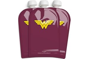 Herobility DC Wonder Women Food Pouch 180ml / 6 Fl Oz - Squeeze Pouches for Baby, Reusable, Sustainable, Leak-Proof Design, Double Zip-Lock, BPA Free - 3 Pack
