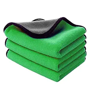MAX Microfiber Cloth for Car Cleaning (800 GSM, Pack of 3, Size: 30 x 40 cm) Double Sided, Extra Thick Plush Towel for Car Detailing, Cleaning, Washing and Polishing, Color: Green/Grey