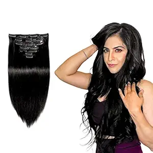 Majik 7 Pcs Straight Human Hair Extensions for Women 18 Inch 50 Grams Black