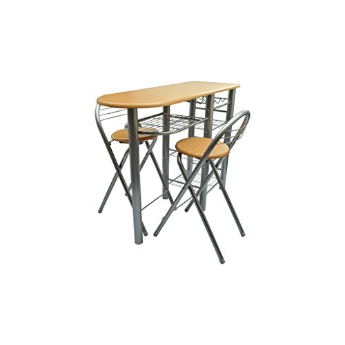 Anself Küchenbar Küchentisch mit 2 Stühlen und Regal Silber und Hellbraun klappbar