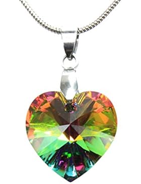 SMEIKA Damen Kette Silber 925 Schlangenkette 45cm lang rhodiniert mit Original Swarovski Herz Anhänger in Regenbogen...