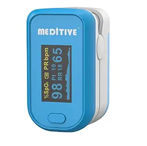 MEDITIVE Finger Tip Pulse Oximeter with Alarm Function. Blood Oxygen, Pulse Rate with Respiratory Rate (Blue)