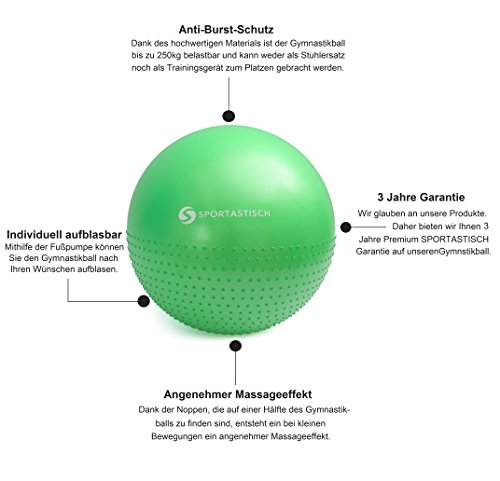 Premium Gymnastikball „Massage Gym Ball“ von Sportastisch :: Yogaball mit 2 Oberflächen für ideales Rückentraining :: INKLUSIVE Fußpumpe :: Antiburst-Schutz :: Durchmesser 65cm :: Sitzball mit Noppen :: Belastung bis 250 kg :: kostenloses eBook :: Markenqualität ohne Weichmacher:: ideal für Einsteiger oder Profis :: Exklusives Design für Erwachsene, Schwangere und Kinder :: Perfekt für Zuhause oder Büro als Stuhl:: 3 Jahre Sportastisch Produktgarantie - 2