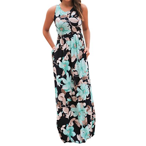 Toamen Sans manches Longue section Robe avec des poches Femmes Imprimé floral Cou O Élégant Beau (L, Bleu) gratuit Toamen Sans manches Longue section Robe avec des poches Femmes Imprimé floral Cou O Élégant Beau (L, Bleu) gratuit