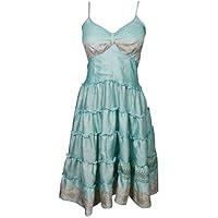 Mogul Interior Elina Womens Beach Dress Speghetti Strap Recycled Sari Vintage Printed Flare Resort Fashion Sundress S/M