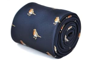 Frederick Thomas navy Christmas men’s tie with robin design and signature floral rear detail, Classic 8cm Width, 147cm Length Necktie ideal for office, formal events, weddings and dinner parties