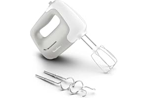 Moulinex HM450 PrepMix, Sbattitore Elettrico, Potenza di 450 W, 5 Velocità Regolabili e un Pulsante Turbo, 2 Lame in Acciaio Inox, 2 Ganci Impastatori, Utilizzo Confortevole, Bianco e Grigio