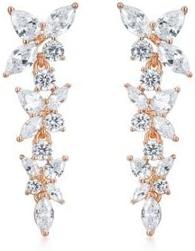 MYJS Victoria Cluster Drop Hanging Earrings Rose Gold Plated with Cubic Zirconia, Bridal Wedding Bridesmaid Earrings