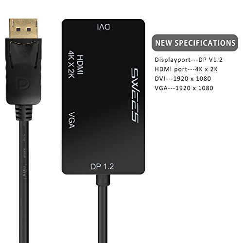 3 in 1 DisplayPort Adapter, Swees 4K x 2K 3 in 1 Displayport DP zu HDMI DVI VGA Kabel Adapter Konverter | 3840×2160 UHD / 2160p 4k (Ultra High Definition) | HDTV / 1080p (Full HD) | vergoldete Kontakte | Plug&Play | Schwarz - 8