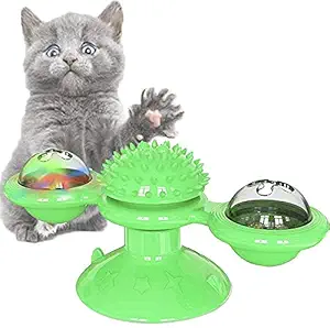 Krupasadhya Durable Rotate Windmill Cat Toy Toothbrush Chew Toys Turntable Cat Molar Toy Scratching Tickle Toy with Catnip LED Light Ball Toys with Suction Cup Pet Cleaning Scratching Ball