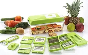 krenz Plastic Rust-Free Stainless Steel 11 Blades Vegetable Cutter with Chopper (Green)