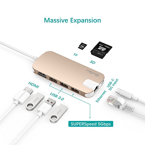 USB C Hub QacQoc USB C Adapter mit Typ C Ladeanschluss, HDMI Port, Gigabit LAN, SD-Kartenleser, Micro SD-Kartenleser, 3 USB 3.0 Port für Typ C Geräte wie MacBook, MacBook Pro, Google Chromebook (Gold) - 3