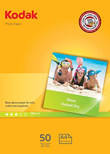 Kodak Gloss Insta Dry- Papel fotográfico A4, 50 hojas, 180 g, amarillo
