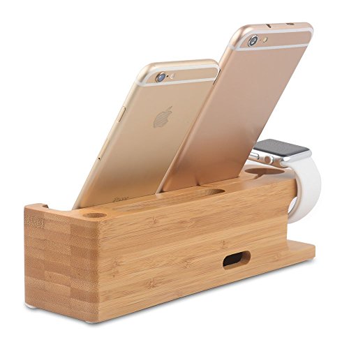 Apple Watch Ständer, WOWO Bambus Holz Ladestation iWatch Halterung Handyhalter Dockingstation Cradle Halter für Apple Watch 38mm 42mm Sport Edition und iPhone7 7 plus SE 6s 6s plus 6 6 Plus 5S - 2