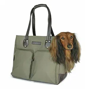 DJANGO Dog Carry Bag - Waxed Canvas and Leather Soft-Sided Pet Travel Tote with Bag-to-Harness Safety Tether & Secure Zipper Pockets (Medium, Olive Green)