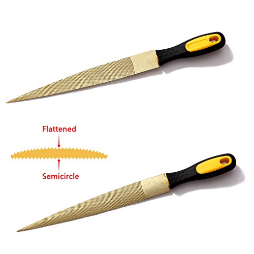 2 tlg. 8inch+10inch Hochwertige Kohlenstoff Stahl Needle Feile Set Feilenset Flachfeile Sharf Hand Raspel Holzfeilen für Hartholz Rotholz Schnitzen Holzarbeit mit Kunststoff Griff (Golden) - 7