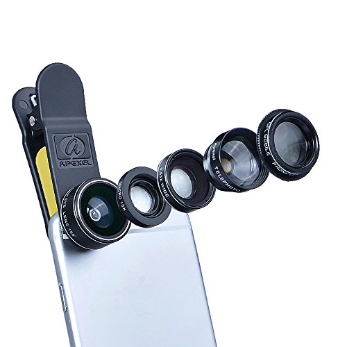 APEXEL Deluxe Universal 5 in 1 Clip-On-Kamera-Objektiv-Kit, 198 Grad Fisheye + 0,63 X Weitwinkelobjektiv und 15X Makroobjektiv, 2X Teleskopobjektiv + CPL Objektiv fÃ¼r iPhone 7/6/6 Plus / SE, Samsung Galaxy s6 / s6 Rand, s7 / s7 Edge, HTC, Huawei und die meisten Smartphones