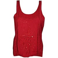 Womens Red Top Sleeveless Sequin Embroidered Sexy Back Tunic Blouse XS