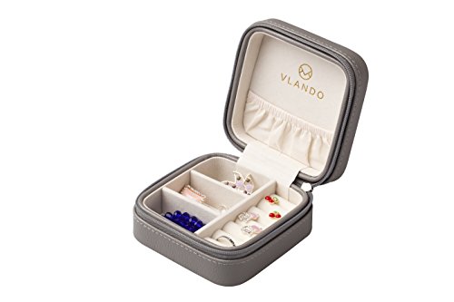 Vlando Kleine Kunstleder Travel Jewelry Box Organizer-Anzeigen-Aufbewahrungstasche für Ringe Ohrringe Halskette (Grau) - 3