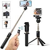 Selfie Stick Stativ mit Fernbedienung, BlitzWolf 4 in 1 Verstellbare Selfie-Stange Stab Monopod bis zu 68cm Verlängerbar für Gopro Kamera iPhone Android Samsung und die meisten Smartphone(Schwarz)
