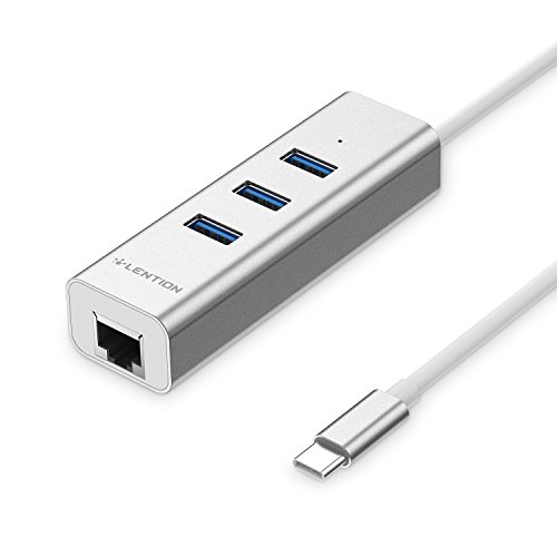 LENTION Aluminum USB-C HUB auf 3 Superspeed Port USB 3.0 + Gigabit Ethernet Netzwerkadapter Type C Hub für Apple MacBook 12", MacBook Pro 13" / 15" (2016/2017), New ChromeBook und Mehr Notebooks mit Typ C Port, Lan Adapter (Silber)