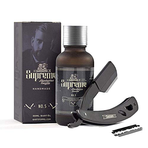 Bartöl Vanille Duft mit Shavette Rasiermesser Schwarz Original Bartpflege Bartstoppel© SUPREME Serie
