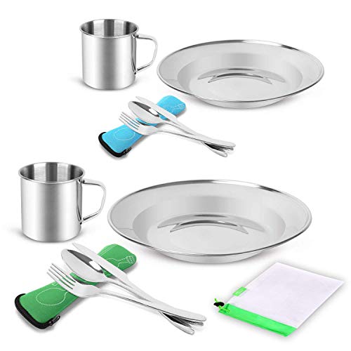 Odoland Camping Couverts Set de Voyage avec étui, Ustensiles de Cuisine en Acier Inoxydable avec Assiette/Tasse/Couteau/Fourchette/cuillère, kit de Mess pour Randonnée/Outdoor/Pique-Nique