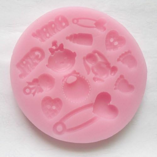 Mini Infant BABY GIRL print MOULD, sugarcraft sugar paste fondant decoration icing cupcake topper fimo mold, with footprint feeder bib etc, Food use, d 87 h 10mm