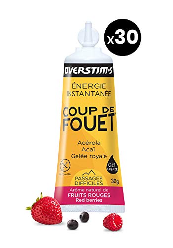 OVERSTIM.s - Coup de Fouet 10x 30g - Fruits Rouges - Gel énergétique liquide pour le Sport - Energie instantanée - passages difficiles et fin d'épreuve - Gelée royale, acérola et baies d'açaï